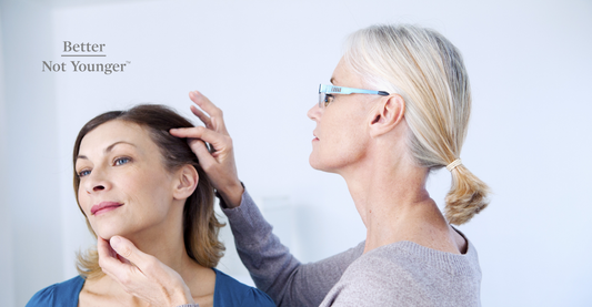 For "How Seasonal Allergies Affect Your Hair and Scalp", Better Not Younger features a dermatologist checking the hair of a women over 40.