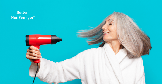 BNY is featuring a mature woman blow drying her gray hair. First of all, when you blow-dry your hair, you don’t want it to be sopping wet, as it becomes more prone to damage.