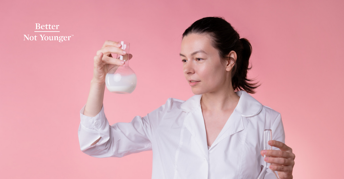 Comparison of two different products for the hair care products. A chemist woman in a white coat, a researcher, holds two flasks with a white liquid in her hands