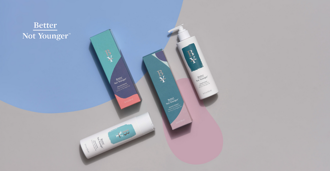 Unpacked Bottles of Repairing Conditioners Damaged Aging hair | Better Not Younger