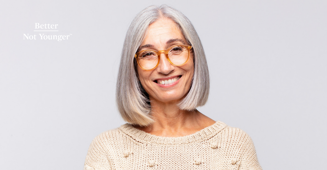 To get brassines out of your hair, Better Not Younger features a model with medium length gray hair 