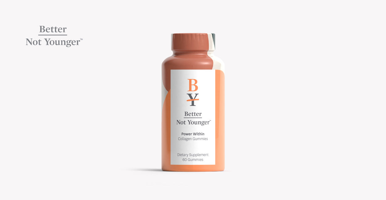 A bottle and package of Power Within Skin & Scalp Collagen Gummies suitable for vegetarians by Better Not Younger.