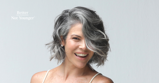 Better Not Younger features on "Brazilian Blowout vs Keratin Treatments: Are They Safe for Aging Hair?" a beautiful mature woman with medium gray thin hair.
