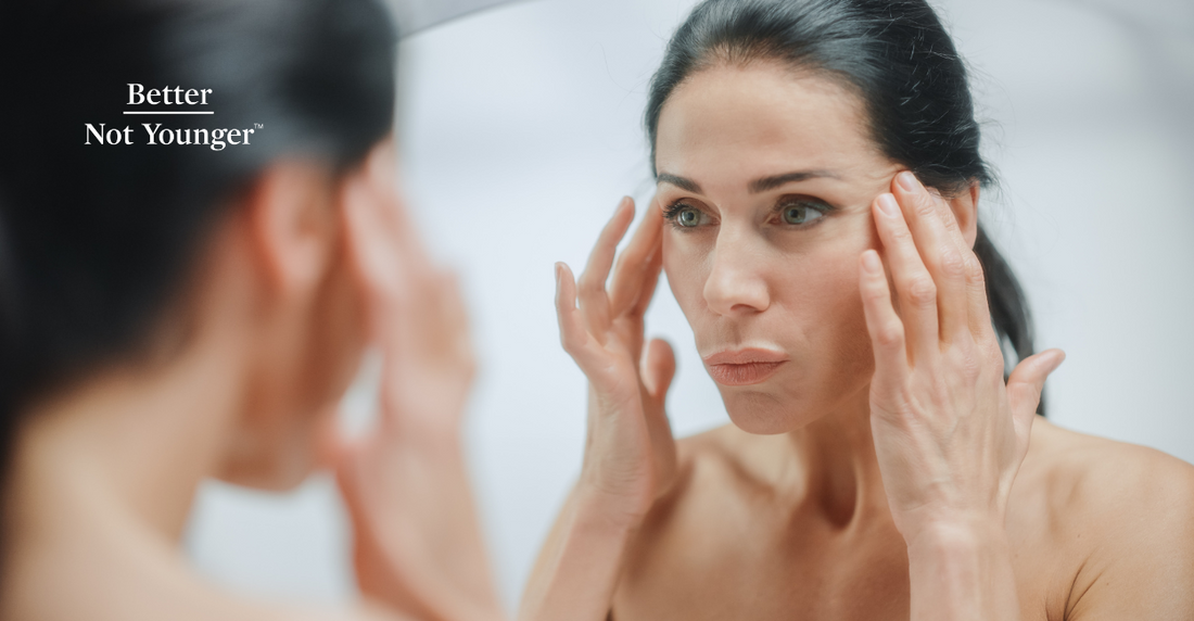 Better Not Younger features a woman looking herself at the mirror and checking her skin state carefully. 