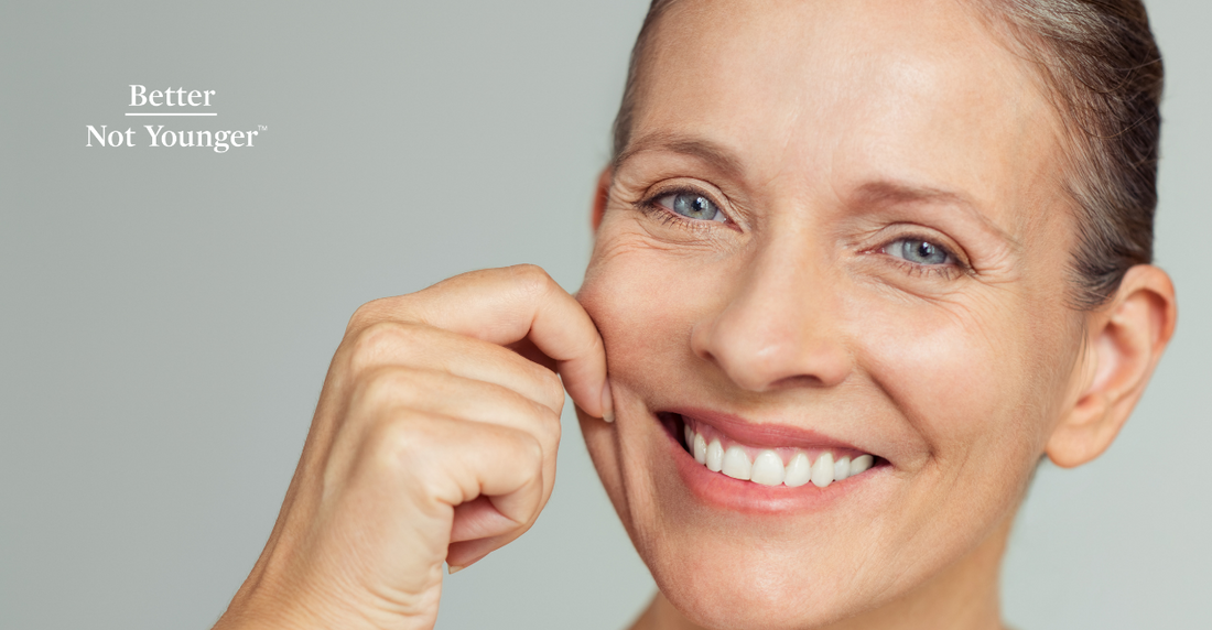 Better Not Younger features a senior woman pulling her face skin to show skin slasticity and softness due to marine collagen ingestion. 
