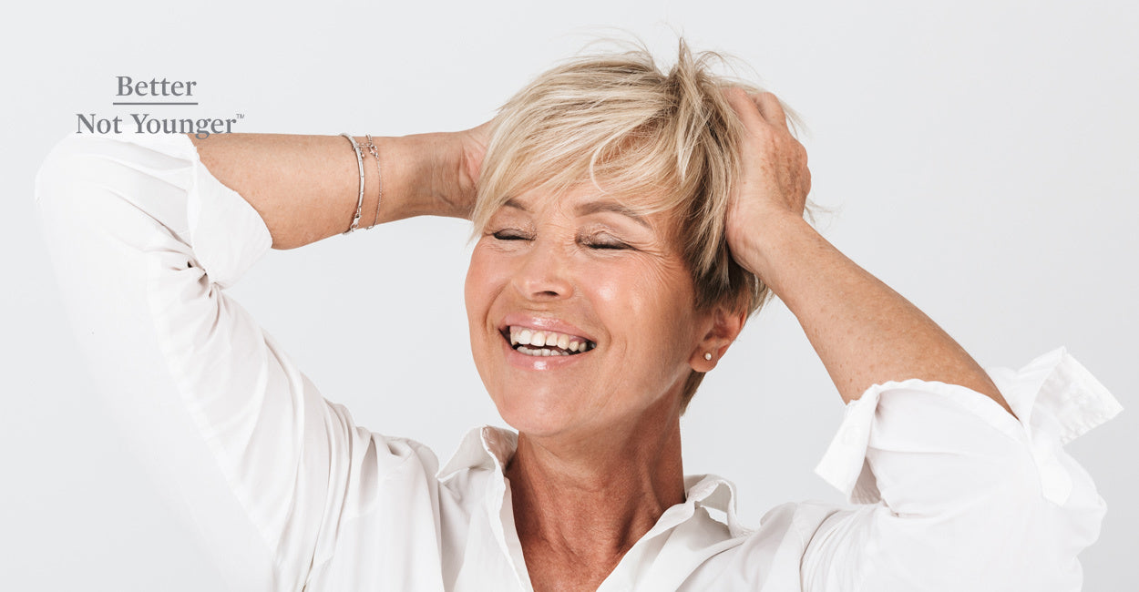 On "What Does New Hair Growth Look Like?", BNY features a beautiful mature woman with short straight hair.