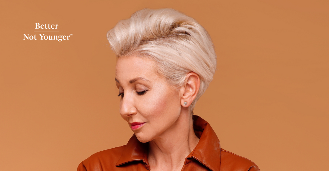 Better Not Younger features a woman with short blonde hair wearing a hairstyle that hides hair thinning hair and her wide hair part