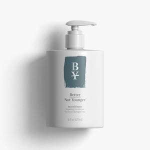 A 16 oz bottle of Better Not Younger's Second Chance repairing conditioner for dry or damaged hair
