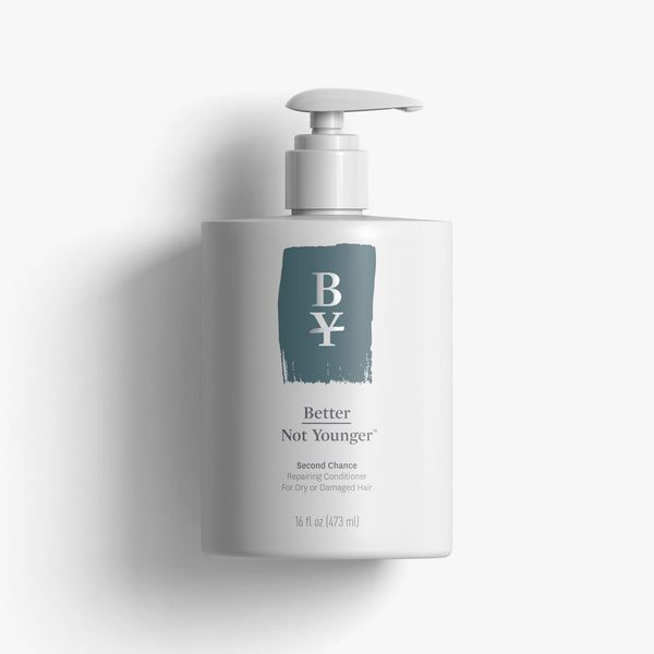 A 16 oz bottle of Better Not Younger's Second Chance repairing conditioner for dry or damaged hair